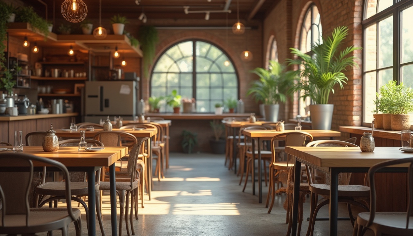 Prompt: Coffee shop interior, warm and cozy atmosphere, wooden tables, metal chairs, modern industrial decor, exposed brick walls, concrete floors, coffee color palette, earthy tones, rich brown, creamy beige, deep umber, soft sienna, warm lighting, pendant lamps, greenery on shelves, potted plants, natural materials, textured fabrics, minimalist composition, shallow depth of field, rustic-chic style, morning sunlight, gentle shadows.