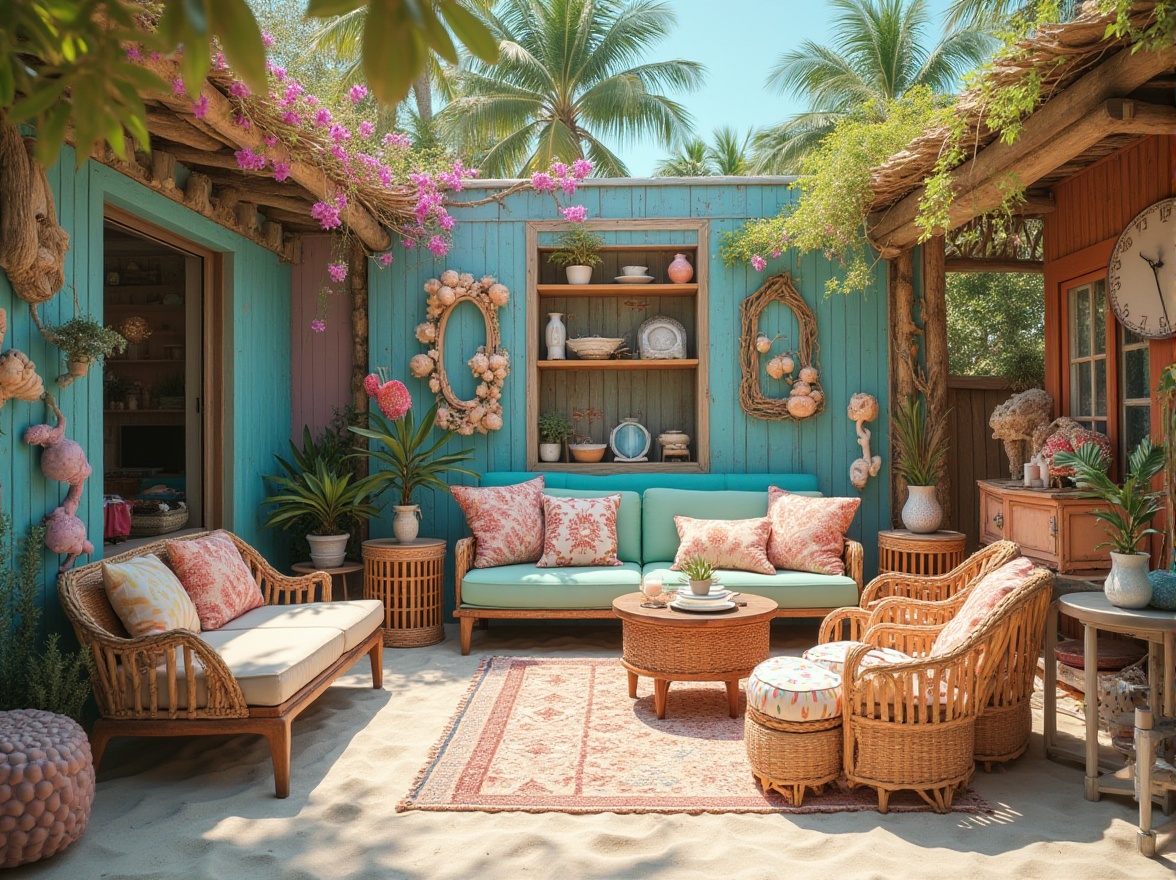 Prompt: Eclectic beach scene, vibrant colors, mix-matched furniture, distressed wood, woven wicker chairs, colorful lanterns, vintage nautical items, seashells, driftwood sculptures, tropical plants, palm trees, floral patterns, pastel hues, bohemian-inspired decor, beachy atmosphere, warm sunny day, soft focus, dreamy lighting, relaxed composition.