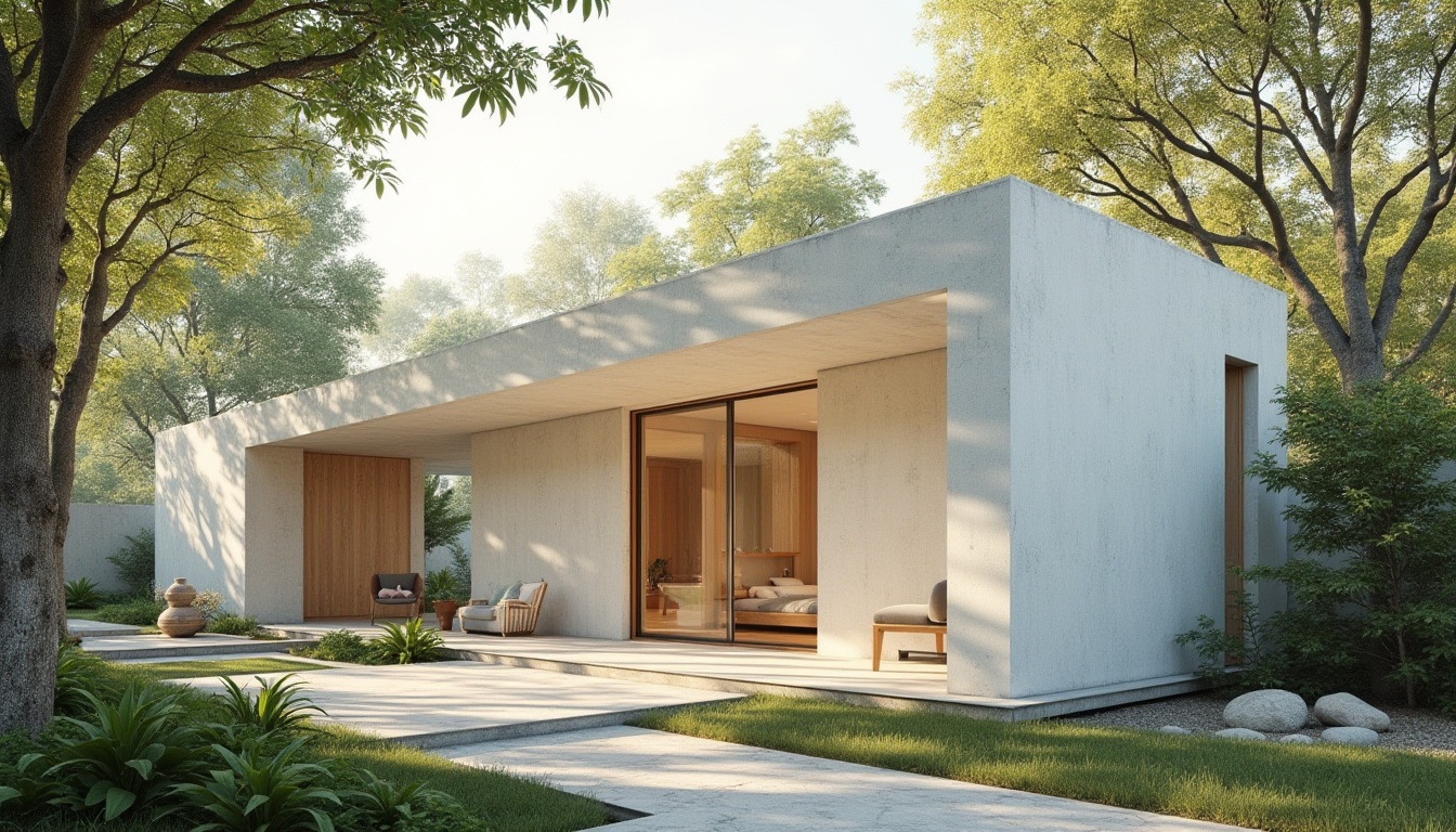 Prompt: Modern pavilion, white plaster walls, smooth texture, clean lines, minimalist style, natural light, glass roof, steel frames, wooden accents, vibrant greenery, surrounding trees, calm atmosphere, soft focus, warm ambient lighting, 3/4 composition, shallow depth of field, afternoon sun, subtle shadows, natural materials, earthy tone, serene backdrop.