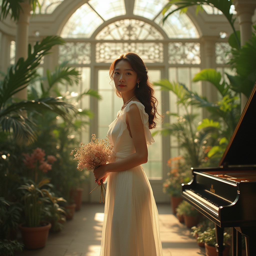 Prompt: Elegant woman, neoclassical architecture, greenhouse interior, lush greenery, ornate iron framework, intricate glass panels, soft natural light, warm atmosphere, flowing white dress, loose curls, pearl necklace, subtle smile, holding a small bouquet of flowers, standing near a grand piano, surrounded by exotic plants, tropical trees, Victorian-era inspired decorations, gentle mist, warm color palette, cinematic composition, 3/4 view, shallow depth of field.