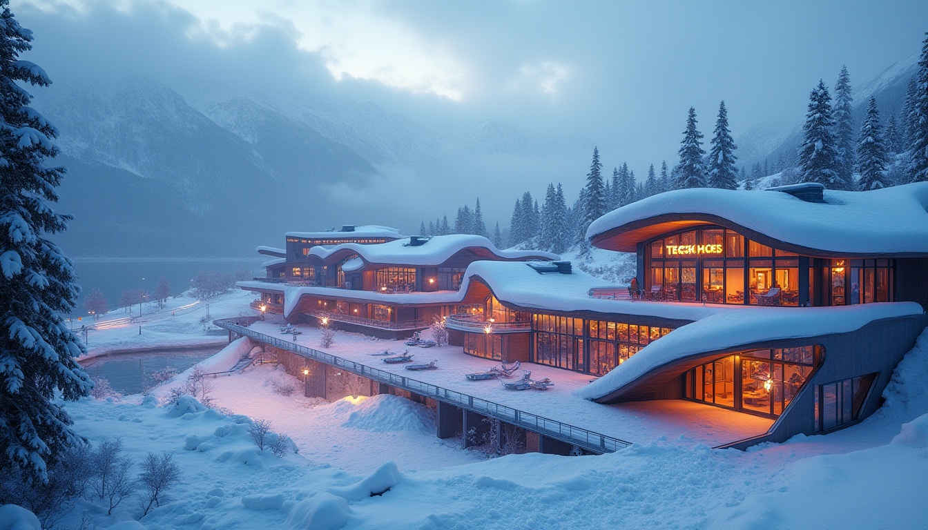 Prompt: Modern ski center, futuristic architecture, snow-capped mountains, frosty windows, sleek metallic beams, neon-lit signage, vibrant color scheme, dynamic curves, angular lines, wooden accents, ambient lighting, misty atmosphere, snowy trees, frozen lake, distant mountain ranges, dramatic shadows, 3/4 composition, low-angle shot, cinematic mood.