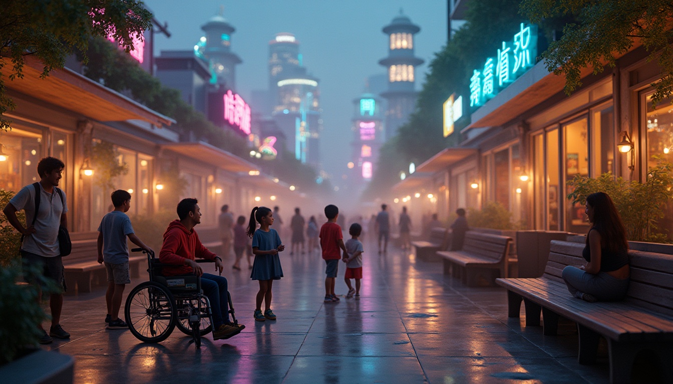 Prompt: Cozy community space, watching towers, futuristic cityscape, neon lights, vibrant colors, diverse crowd, laughing children, smiling adults, wheelchair accessibility, greenery walls, wooden benches, modern street lamps, soft mist, warm glow, evening atmosphere, 3/4 composition, shallow depth of field, cinematic lighting, fish eye lens.