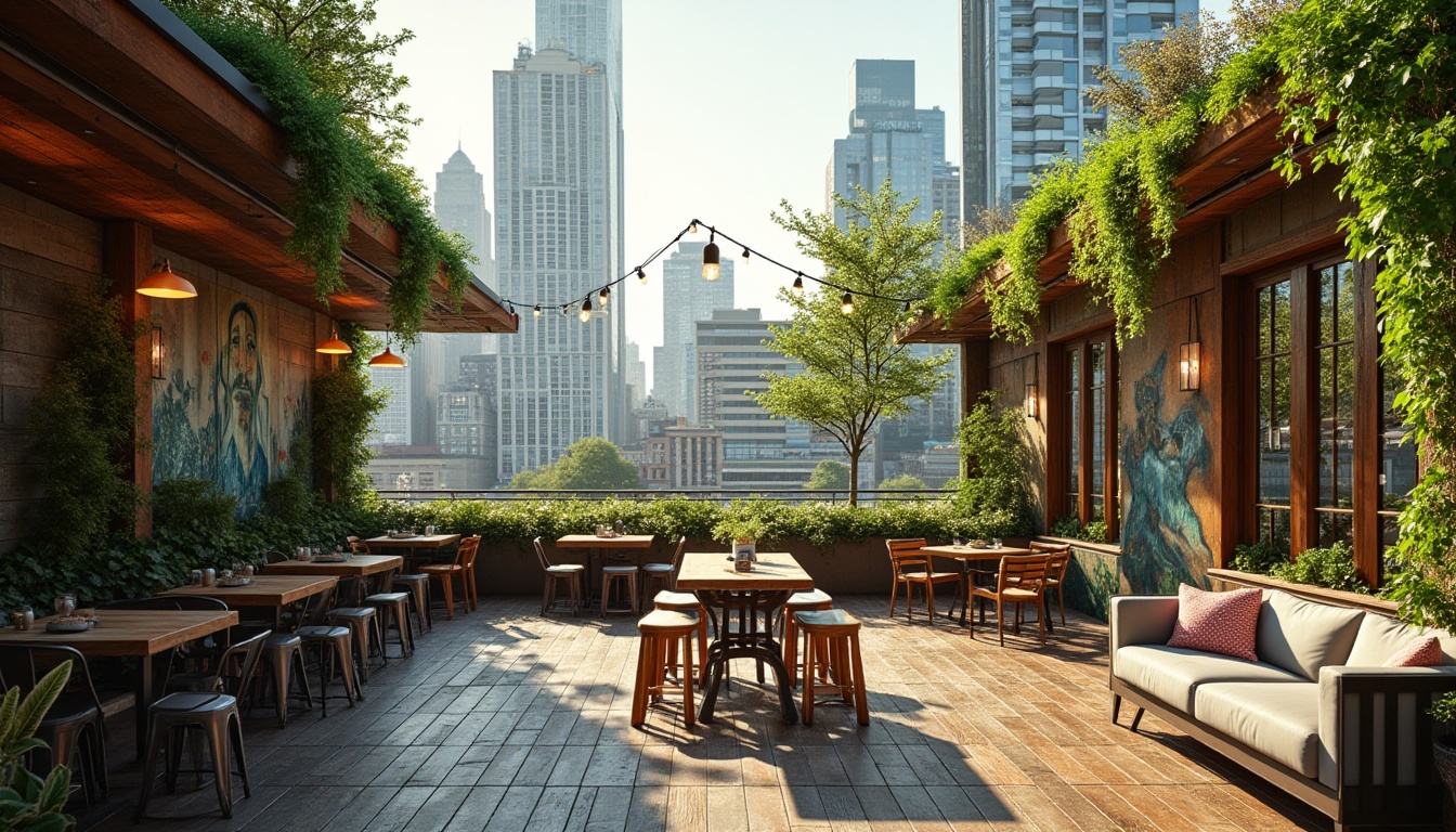 Prompt: Urban community space, lush green architecture, rooftop bar, trendy atmosphere, modern minimalist design, reclaimed wood accents, living walls, vertical gardens, vibrant street art, eclectic mix of seating, industrial metal chairs, cozy couches, warm string lights, bustling cityscape background, skyscrapers, metropolitan vibe, sunny afternoon, soft natural light, shallow depth of field, cinematic composition.