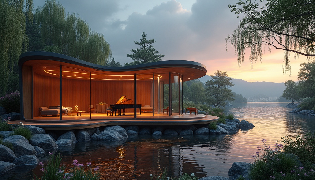 Prompt: Riverbank concert house, modern architecture, glass façade, curved lines, wooden accents, grand piano, spotlight, softbox lighting, warm ambient light, evening atmosphere, calm river, weeping willows, blooming wildflowers, gentle breeze, ripples on water surface, distant cityscape, mountain range, panoramic view, 3/4 composition, cinematic mood, natural scenery, serene backdrop, elegant interior design.