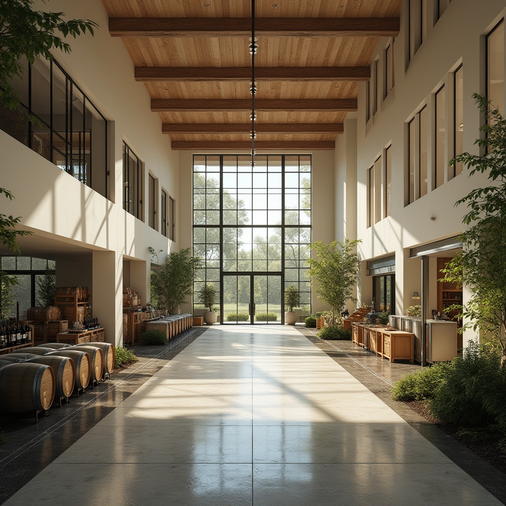 Prompt: Majestic winery, International Style architecture, grand entrance, large glass doors, modern minimalist interior, sleek lines, rectangular shape, flat roof, white walls, large windows, natural light pouring in, wine barrels, wooden crates, fermentation tanks, stainless steel equipment, dim warm lighting, stone floor, high ceilings, spacious hall, vines growing outside, lush greenery, sunny day, soft focus, cinematic composition.