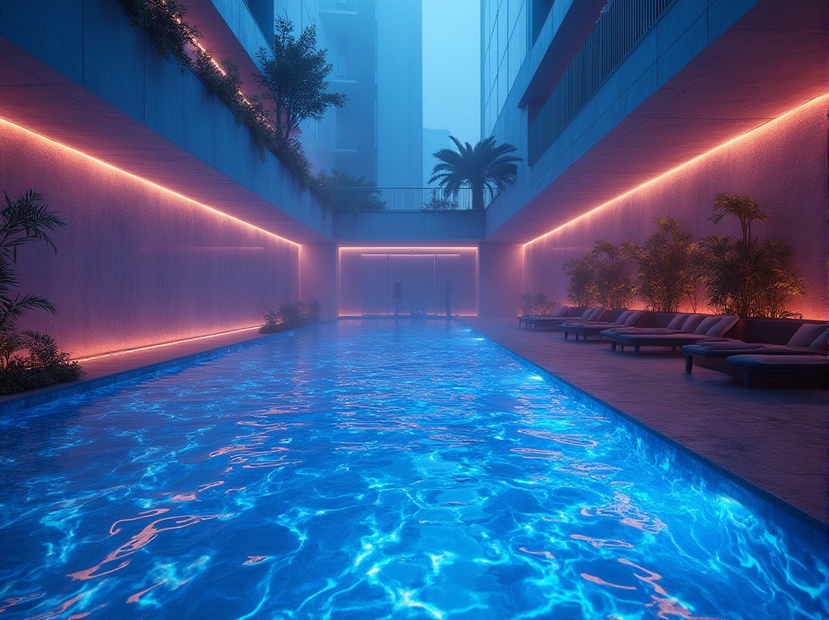 Prompt: Metabolic style, swimming pool design, futuristic architecture, sleek lines, neon lights, iridescent tiles, glowing accents, abstract patterns, bioluminescent plants, misty atmosphere, soft focus, shallow depth of field, vibrant colors, reflections on water surface, rippled water effect, ambient lighting, 3/4 composition, low-angle shot, cinematic mood.