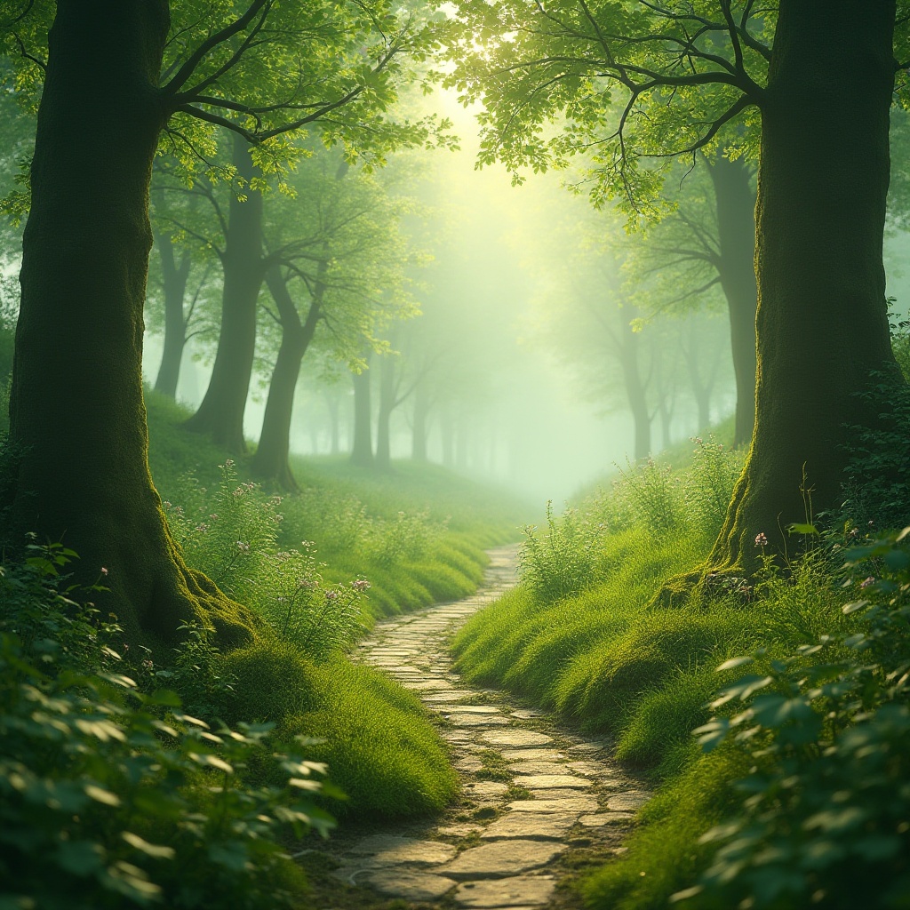 Prompt: Moss green, calming atmosphere, nature-inspired color palette, serene landscape, misty forest, moss-covered trees, gentle hills, soft sunlight filtering through leaves, dew drops on blades of grass, peaceful ambiance, warm beige stone path, lush foliage, vibrant wildflowers, subtle earthy scent, soft focus, cinematic composition, natural lighting, 3/4 view.