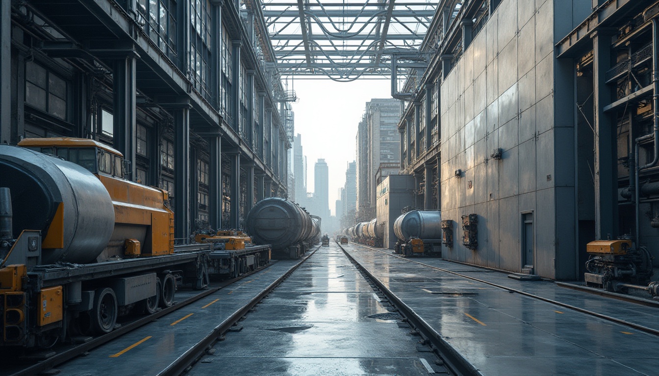 Prompt: Industrial setting, modern architecture, steel-framed materials, metallic texture, reflective surface, geometric structure, minimalist decor, clean lines, functional design, urban landscape, cityscape, skyscrapers, busy streets, daytime, soft natural light, high-contrast composition, detailed industrial equipment.