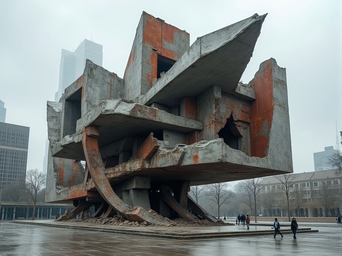 Prompt: Deconstructivist monument, abstract geometric structure, fragmented shapes, irregular forms, metallic material, rusted texture, brutalist inspiration, urban cityscape, gray concrete background, overcast sky, dramatic shadows, low-angle shot, wide-angle lens, dynamic composition, emphasis on texture and form.