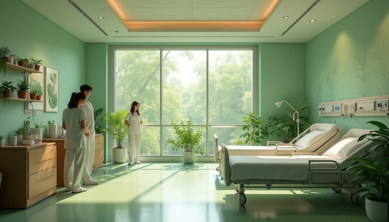 Prompt: Calming hospital interior, green walls, nature-inspired decorations, gentle natural light, soft shadows, warm wooden furniture, comfortable patient beds, peaceful atmosphere, subtle leaf patterns, plants on shelves, modern medical equipment, stainless steel surfaces, gentle nurses in white uniforms, soothing background music, natural ventilation, panoramic view of a serene forest outside, 3/4 composition, soft focus, shallow depth of field, calming ambiance, warm color palette.