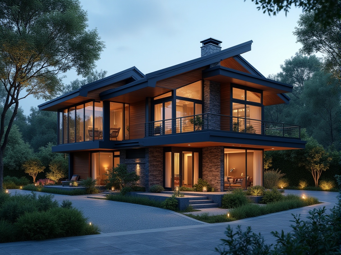 Prompt: Suburban architecture, indigo color trend, modern villa, sloping roof, large windows, wooden accents, stone walls, lush greenery, natural surroundings, peaceful atmosphere, warm lighting, evening scene, 3/4 composition, soft focus, shallow depth of field, cinematic mood, serene ambiance.