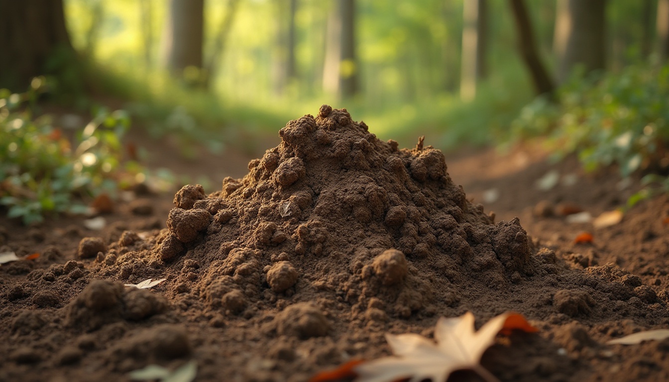 Prompt: Natural mud material, earthy tone, rough texture, organic structure, irregular shape, natural imperfections, outdoors setting, forest floor, surrounded by trees, leaves, vines, warm sunlight filtering through branches, shallow depth of field, 3/4 composition, soft focus on the mud, highlighting its natural beauty.