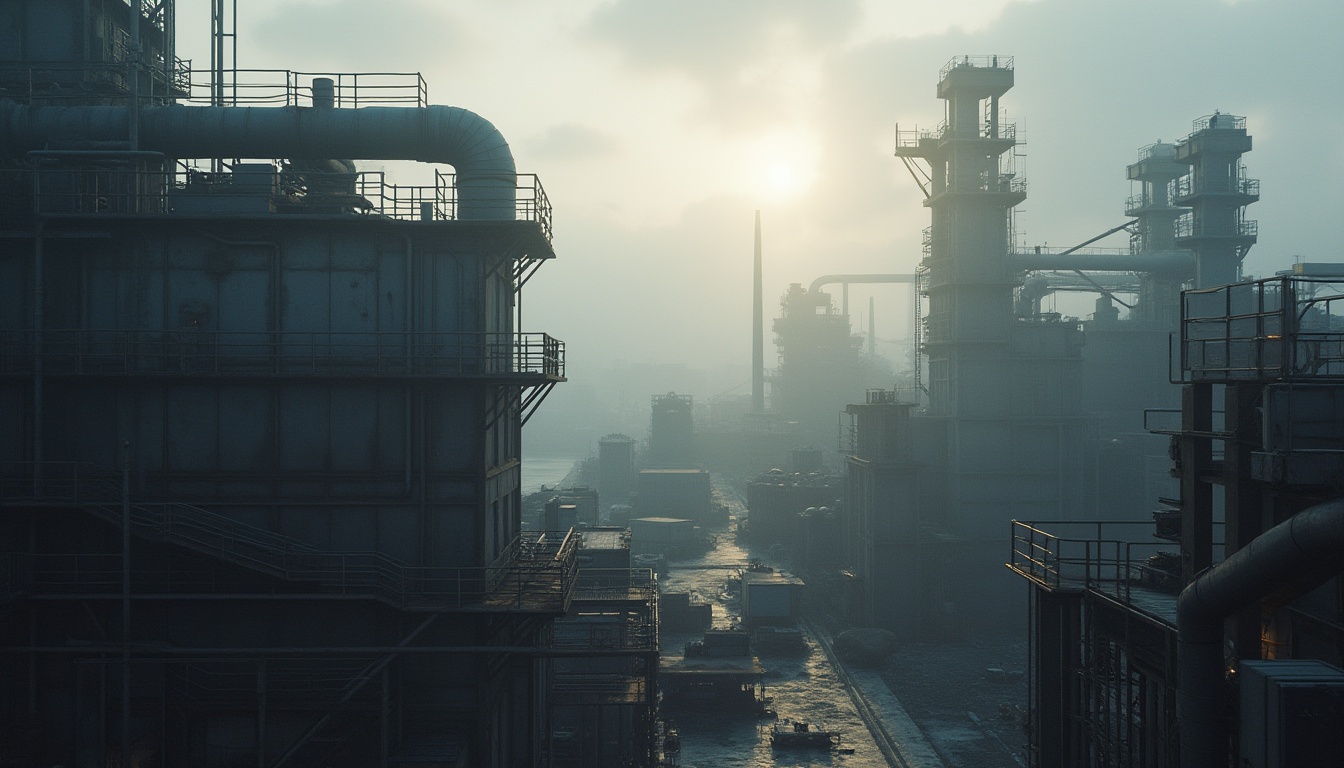 Prompt: industrial area, modern factory, steel structure, complex pipeline system, heavy machinery, cranes, conveyor belts, warehouses, loading docks, metal staircases, industrial lighting, foggy atmosphere, morning mist, dramatic backlight, cinematic composition, low-angle shot, symmetrical framing, urban landscape, cityscape, brutalist architecture, concrete texture, metallic materials.