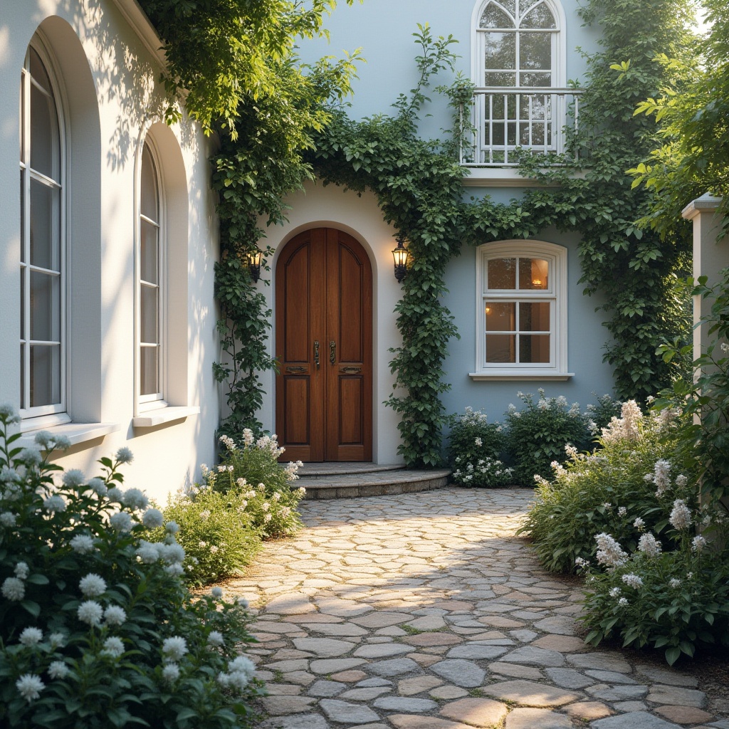 Prompt: Villa exterior, periwinkle walls, white windows, elegant arches, Mediterranean style, lush greenery, blooming flowers, wooden door, brass doorknob, cobblestone pathway, serene garden, afternoon sun, soft warm lighting, 3/4 composition, beautiful detailed texture, realistic, ambient occlusion.