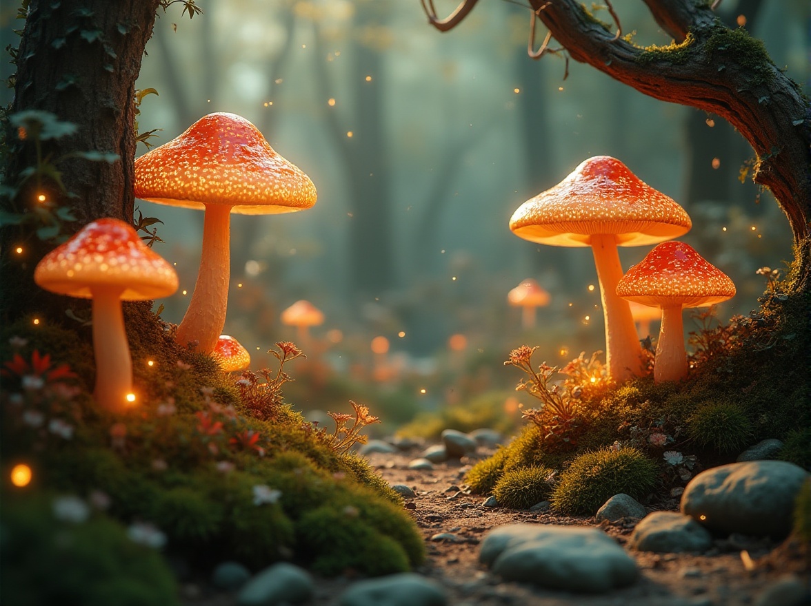 Prompt: Organic shapes inspired by nature, fantasy world, whimsical atmosphere, misty forest, glowing mushrooms, twinkling fireflies, delicate vines, intricately patterned flowers, soft earth tones, moss-covered stones, gnarled tree branches, warm golden lighting, misty fog, dreamy composition, shallow depth of field, vibrant colors, ethereal mood.