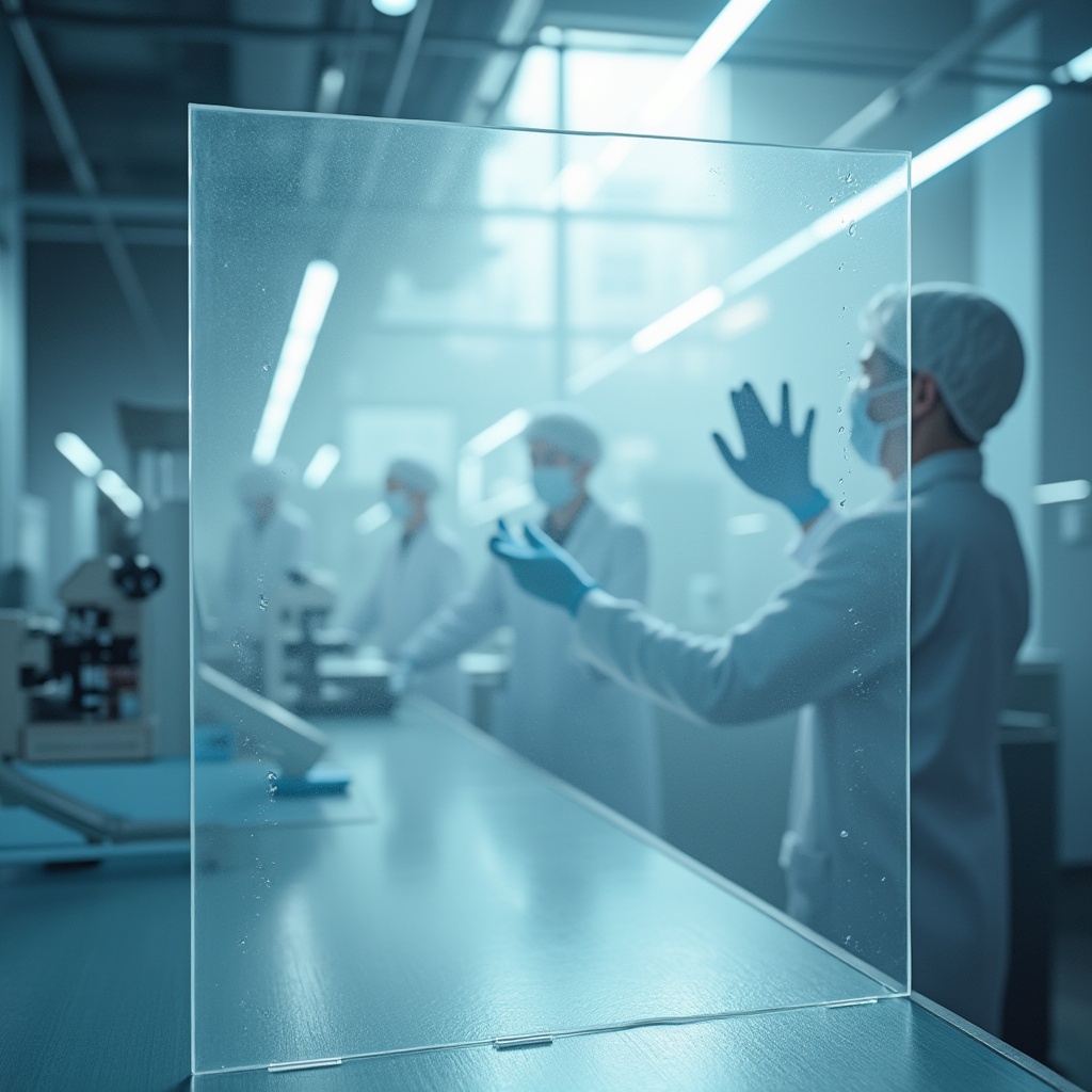 Prompt: Transparent polycarbonate sheet, modern architecture, urban cityscape, sunlight reflecting off the smooth surface, subtle scratches, slight bends, high-tech laboratory interior, researcher in a white coat, gloves holding a sample, microscope on the workbench, futuristic ambiance, bright fluorescent lighting, shallow depth of field, industrial texture, sleek lines, minimalistic composition.