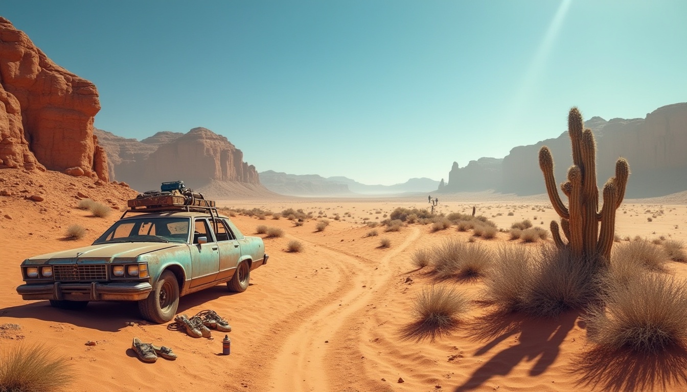 Prompt: Desert landscape, vast sand dunes, endless blue sky, blistering sun, unique rock formations, cacti plants, abandoned old cars, worn-out shoes, traveler's backpack, water bottle, desert flora, sandy path, distant oasis, mirage effect, warm lighting, high contrast, cinematic composition, shallow depth of field.