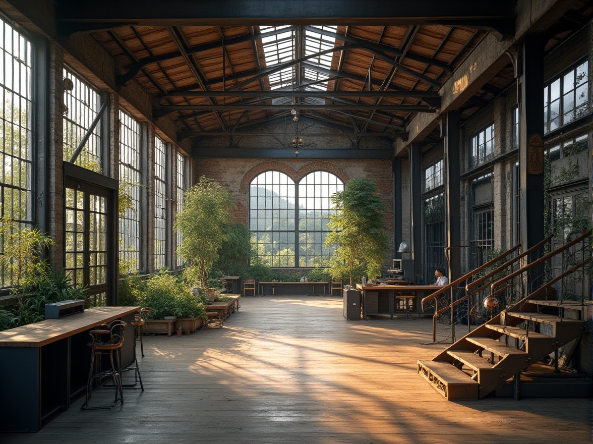 Prompt: Industrial area, abandoned factory, functional space, modern renovation, steel beams, exposed brick walls, metal staircase, wooden flooring, minimalist decor, plenty of natural light, greenery, industrial chic, urban landscape, cityscape, afternoon sunlight, dramatic shadows, low-angle shot, symmetrical composition, warm color tone.