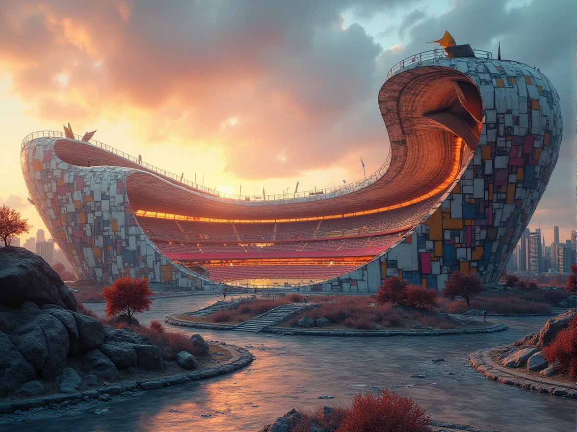 Prompt: Postmodern stadium, deconstructivist architecture, irregular shapes, fragmented forms, bold colors, clashing textures, eclectic mix of materials, futuristic curves, retro-futuristic elements, abstract sculptures, provocative angles, complex geometry, urban landscape, cityscape, sunset, dramatic lighting, low-angle shot, dynamic composition, atmospheric haze, vibrant atmosphere.