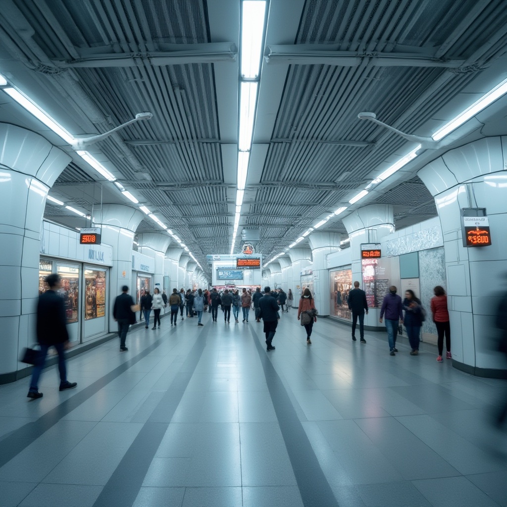 Prompt: Modern metro station, light gray color scheme, sleek lines, minimalist design, steel beams, glass ceilings, LED lights, futuristic ambiance, busy commuters, rush hour, blurred motion, shallow depth of field, low-angle shot, urban landscape, cityscape, concrete pillars, metallic textures, smooth floors, geometric shapes, abstract patterns, vibrant advertisements, real-time information displays.