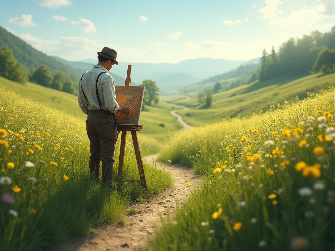 Prompt: Grassland, natural canvas, serene atmosphere, gentle hills, vibrant wildflowers, greenery, winding dirt path, wooden easel, painter, beret, holding brush, painting, sunlight, warm, soft shadows, afternoon, cloudless sky, blue horizon, distant trees, subtle texture, organic feel, earthy tone, peaceful ambiance, 3/4 composition, shallow depth of field, natural light, cinematic mood.