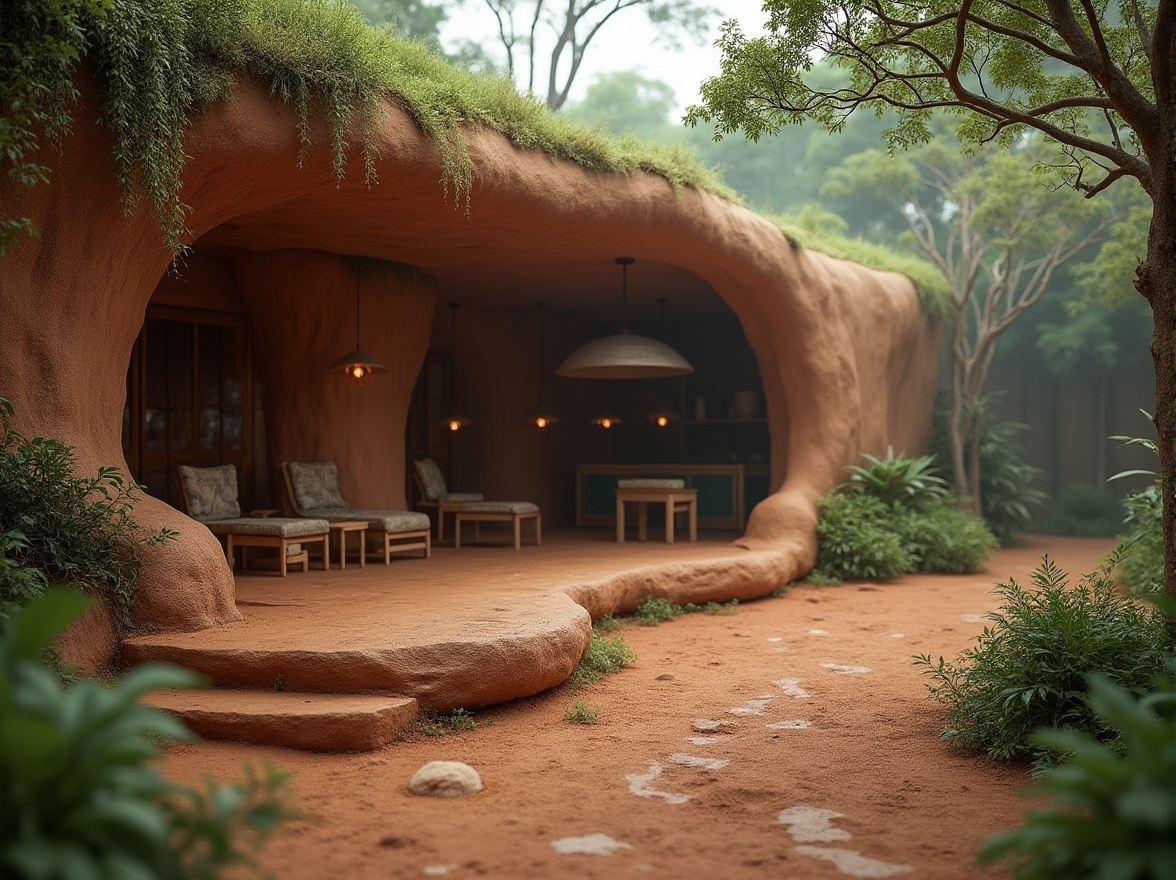 Prompt: Earth-toned mud material, sustainable design, natural texture, organic shape, rough surface, earthenware-inspired architecture, eco-friendly building, green roof, lush vegetation, overhanging trees, misty atmosphere, warm ambient lighting, close-up shot, shallow depth of field, naturalistic color palette, 3/4 composition, rustic ambiance.