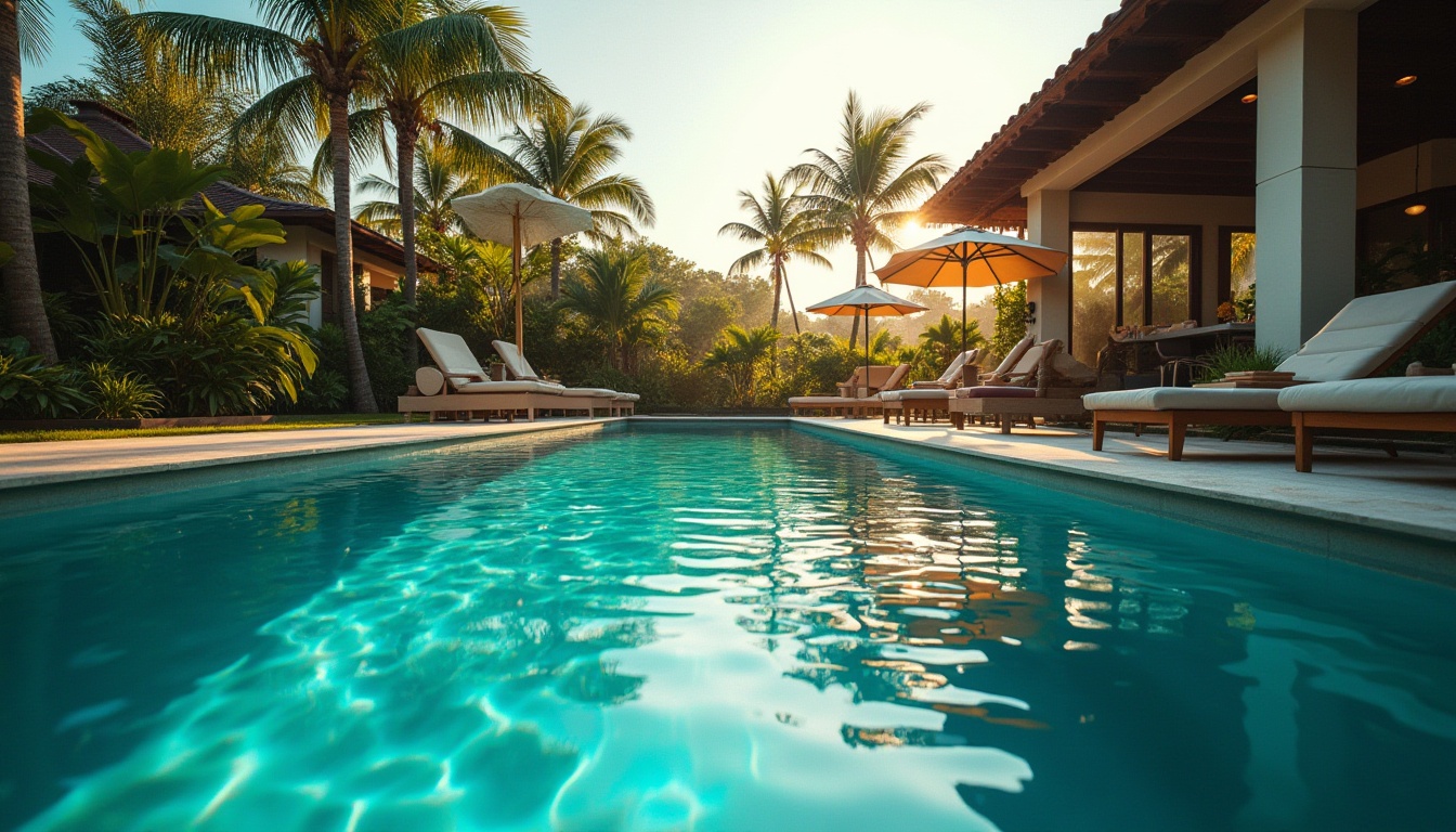 Prompt: dark cyan, pool, transformation, luxurious villa, backyard oasis, tropical plants, palm trees, lounge chairs, umbrellas, pool floats, turquoise water, rippled surface, morning sun, soft mist, warm ambient lighting, 3/4 composition, cinematic color palette, shallow depth of field.