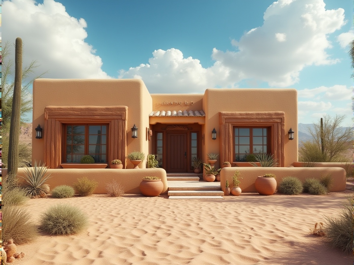 Prompt: Desert villa, Gainsboro color, exterior wall, stucco texture, earthy tone, warm beige, rustic charm, sprawling patio, cacti decorations, terracotta pots, wooden door, metal lanterns, sandy dunes, clear blue sky, dramatic clouds, low angle shot, cinematic lighting, vibrant colors, realistic render.