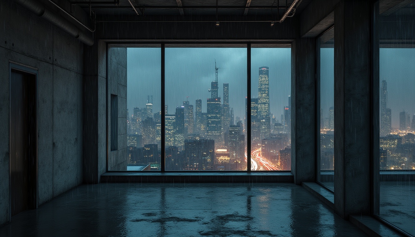 Prompt: Urban apartment, brutalist architecture, concrete walls, industrial metal beams, minimalist interior, modern cityscape, skyscraper background, city lights reflection on windows, rainy night, moody atmosphere, dramatic shadows, high-angle shot, cinematic composition, realistic texture, cold tone lighting, 3/4 view.