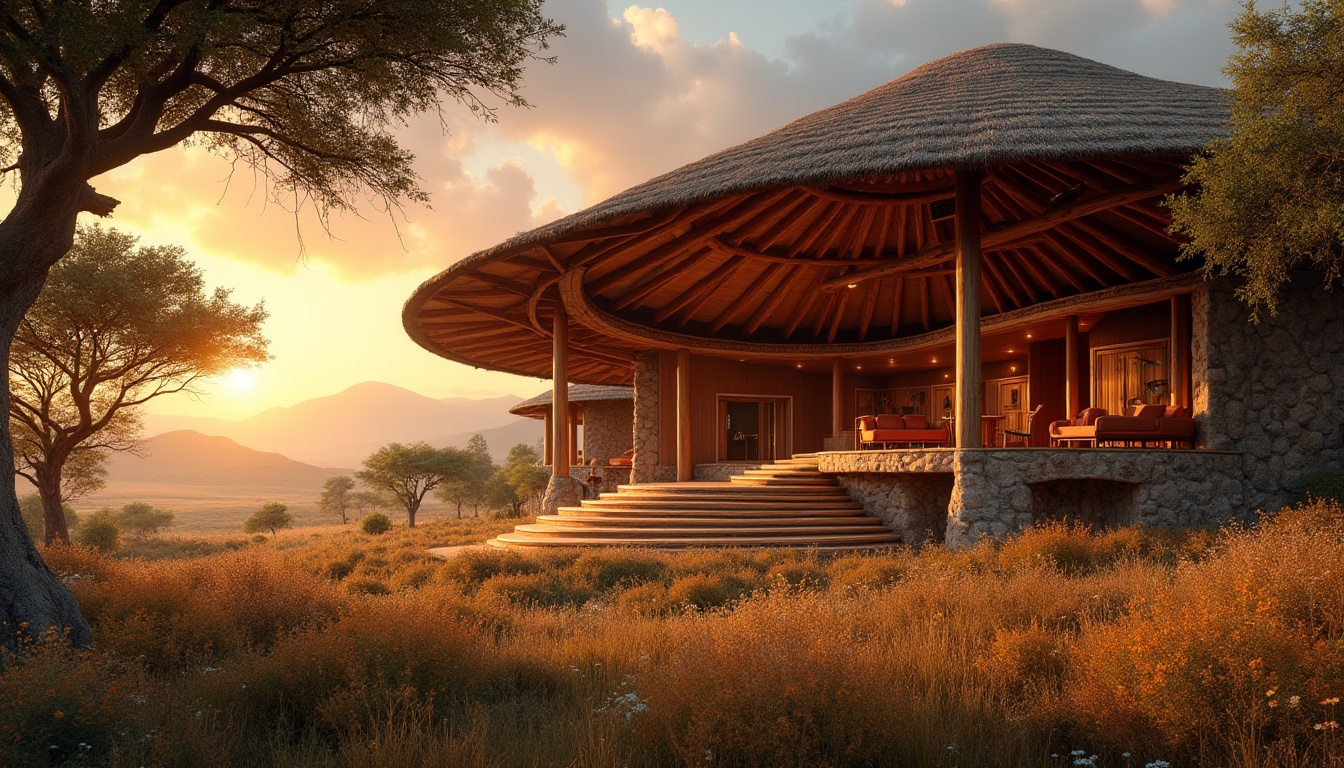 Prompt: African savannah, unique auditorium design, circular structure, wooden beams, thatched roof, natural ventilation, earthy tone, warm ambient light, sunset glow, acacia trees surrounding, wildflowers blooming, distant mountains, soft grassland, serene atmosphere, panoramic view, 3/4 composition, low-angle shot, cinematic lighting, realistic texture.