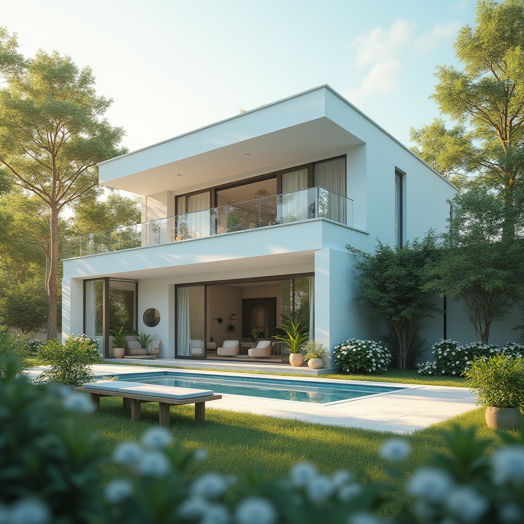 Prompt: Villa, periwinkle exterior walls, modern minimalist architecture, large windows, white trim, sleek roof, lush greenery surrounding, garden benches, flowerpots with pastel colored flowers, gentle afternoon sunlight, warm ambient lighting, 3/4 composition, soft focus on background, sharp focus on villa details, beautiful bokeh, cinematic mood.