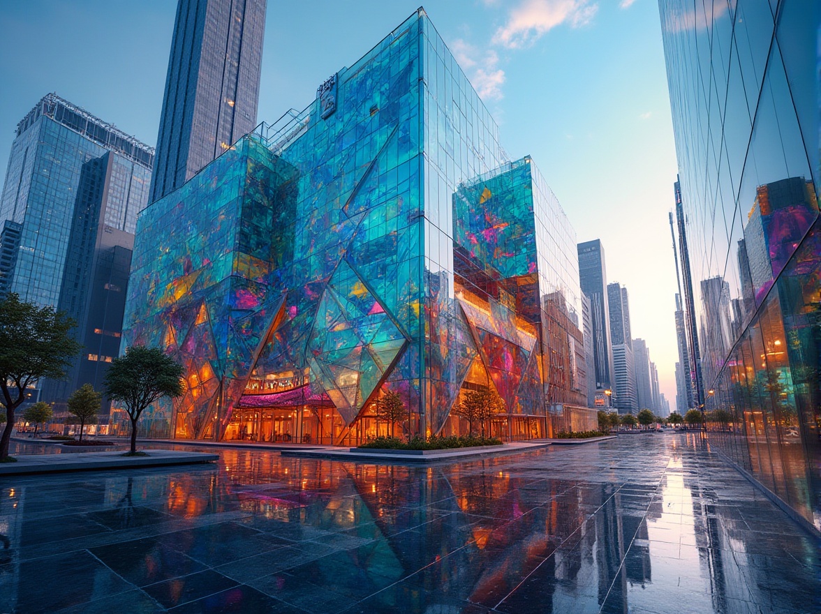 Prompt: Modern architecture, colorful glass facade, geometric shapes, urban landscape, cityscape, skyscraper, abstract reflection, transparent material, iridescent texture, angular structure, futuristic design, vibrant colors, gradient effect, layered composition, low-angle shot, dramatic lighting, cinematic atmosphere, HDRI, 3/4 composition.