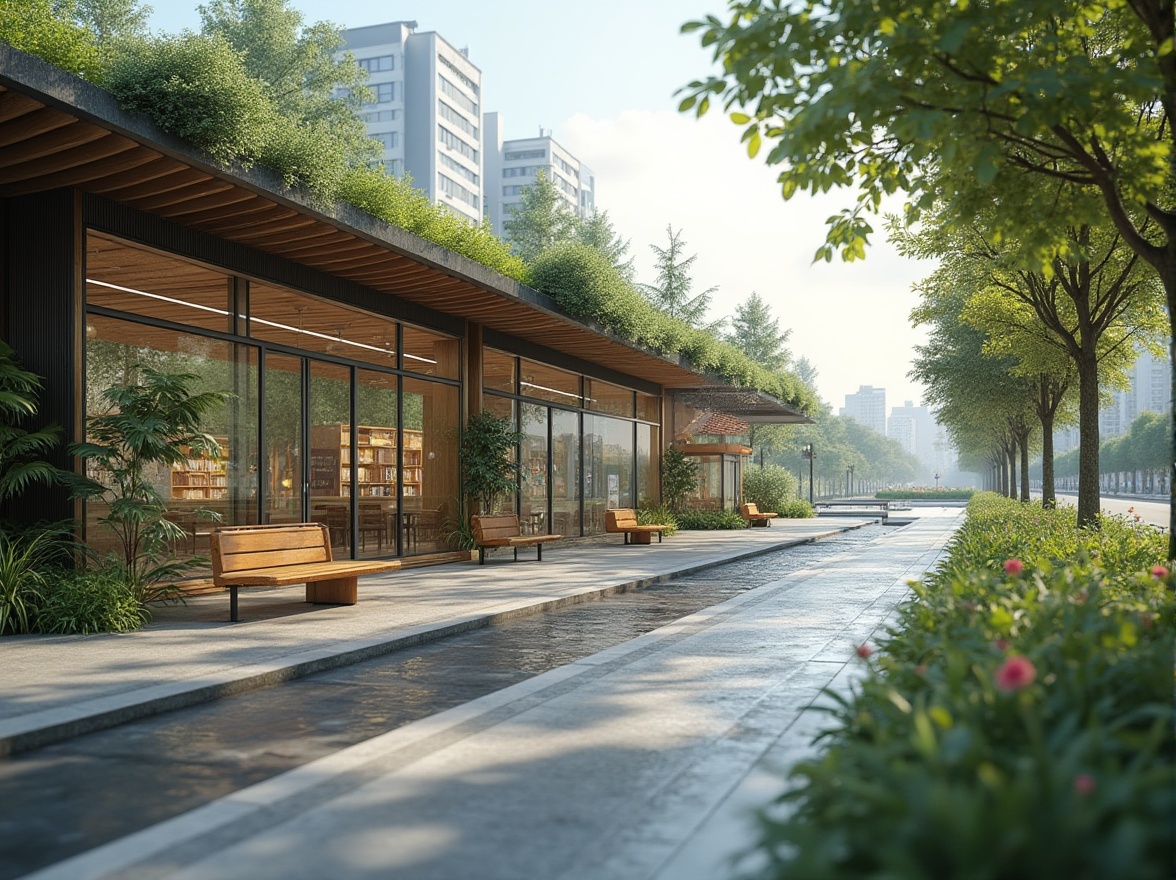 Prompt: Modern bus station, sustainable design, green roof, solar panels, rainwater harvesting system, recycling facilities, energy-efficient LED lighting, natural ventilation, large windows, wooden benches, living walls, urban garden, cityscape, daytime, soft natural light, shallow depth of field, realistic rendering, architectural visualization.