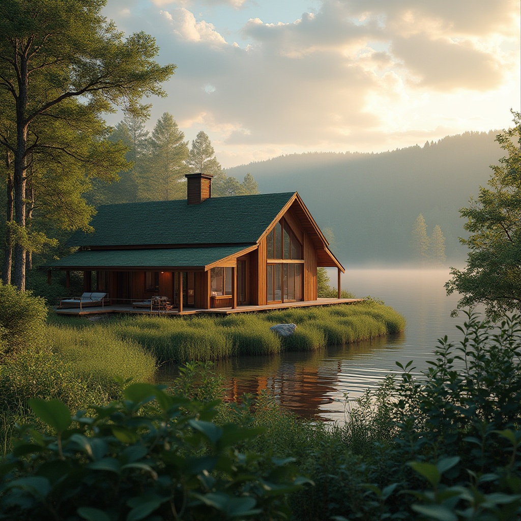 Prompt: Lakefront, barn-style, green architecture, modern farmhouse, wooden structure, rustic exterior, vast windows, sliding glass doors, lush greenery, overhanging roofs, natural materials, earthy tones, serene atmosphere, surrounded by trees, overlooking lake, tranquil water reflections, soft misty morning light, warm afternoon sunbeams, dramatic sunset colors, peaceful ambiance, 3/4 composition, depth of field, cinematic lighting.