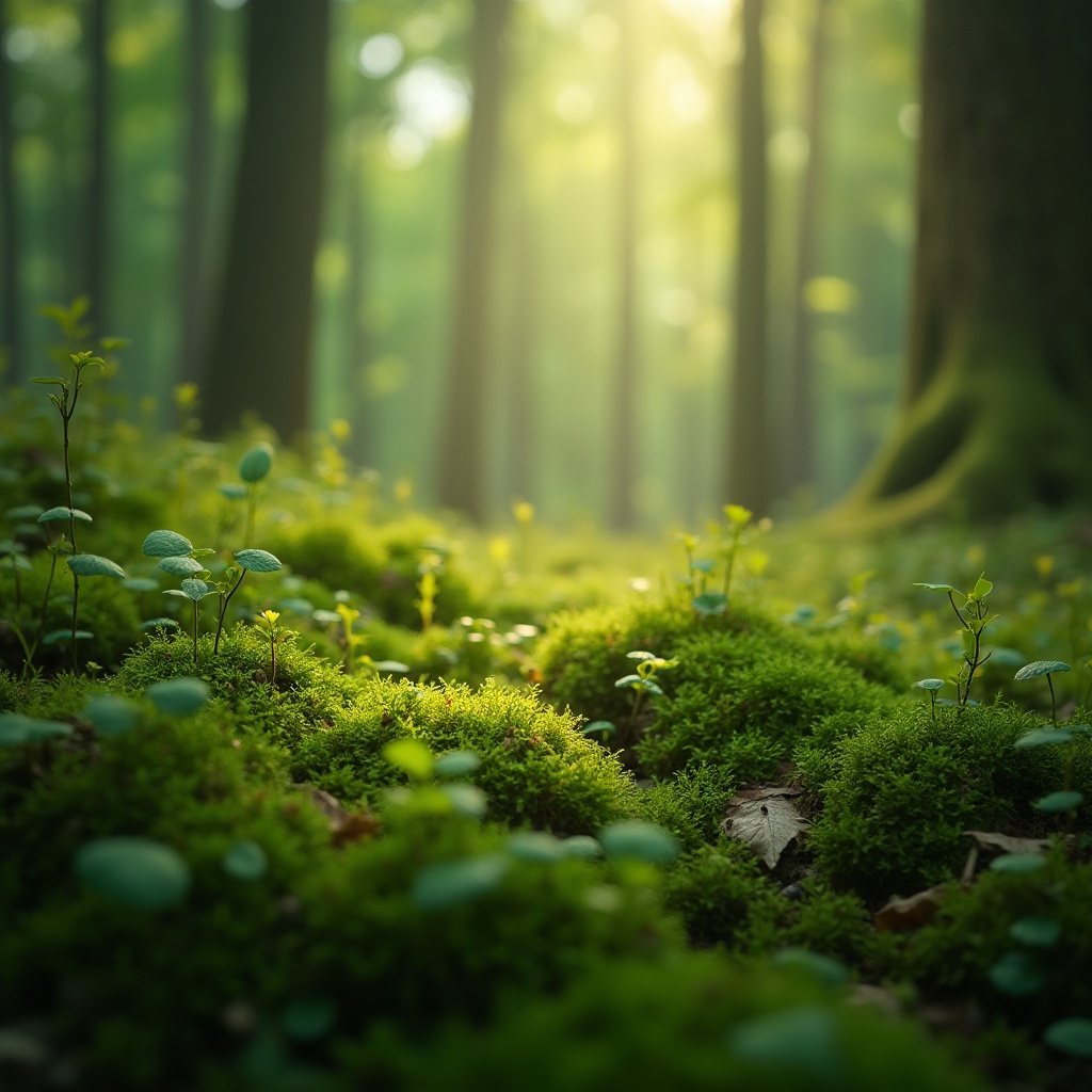 Prompt: Moss green, vibrant natural tone, lush vegetation, forest floor, tiny plants, intricate texture, soft focus, misty atmosphere, morning dew, warm sunlight filtering through trees, peaceful ambiance, 3/4 composition, shallow depth of field, gentle bokeh, earthy tone, serene landscape.