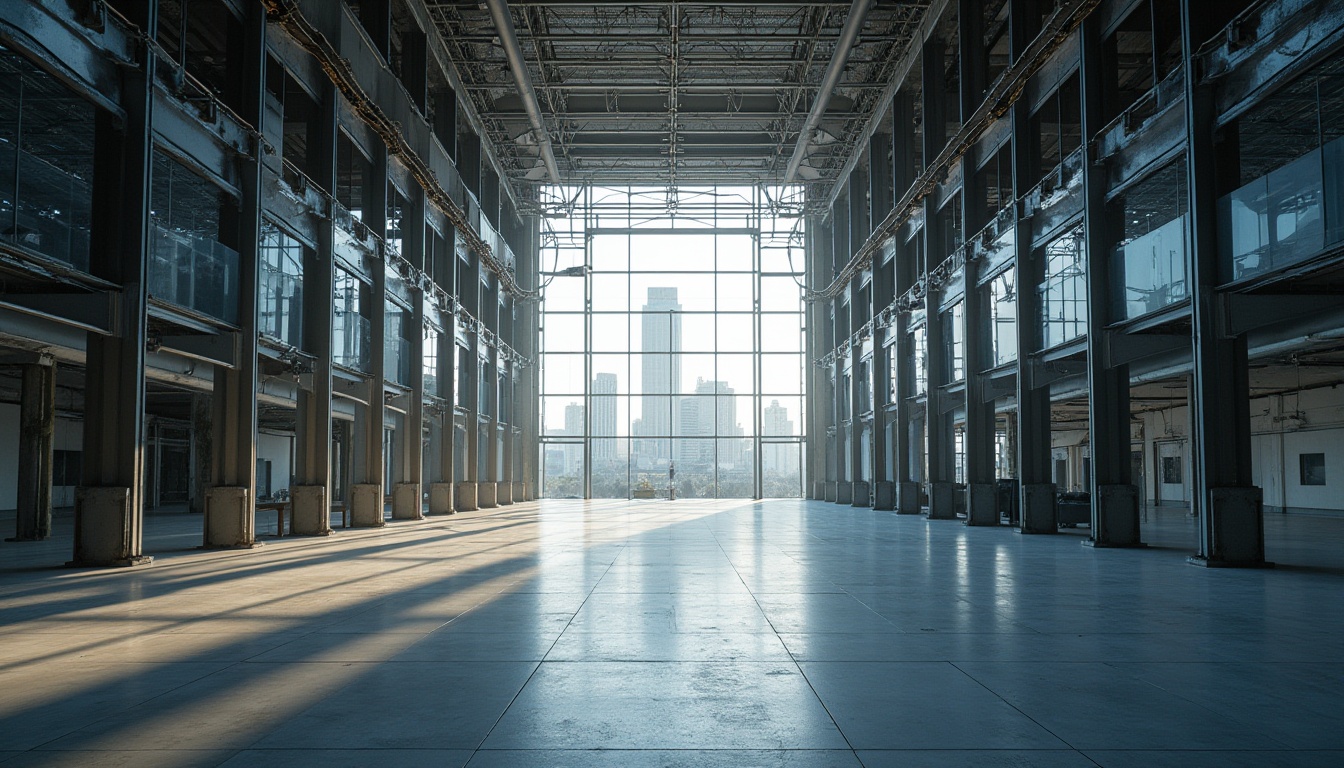 Prompt: Modern architecture, steel-framed building, sleek design, urban setting, cityscape, skyscraper, glass facade, metallic structure, minimalist interior, steel beams, concrete floor, industrial lighting, open space, empty room, afternoon sunlight, shadows on walls, dramatic composition, low-angle shot, cinematic mood, realistic rendering.