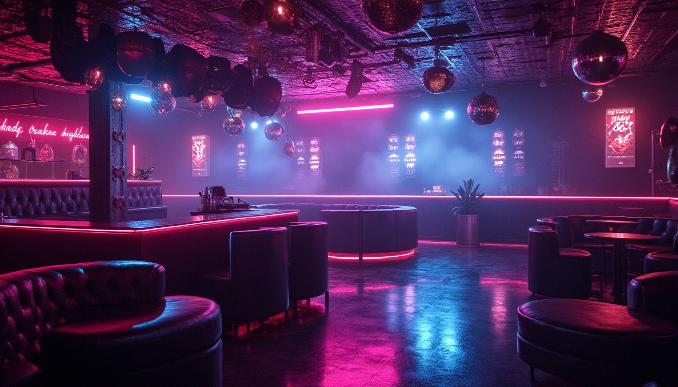 Prompt: Nightclub interior, polyethylene material, glossy finish, reflective surfaces, disco balls, strobe lights, DJ booth, dance floor, VIP area, luxurious couches, metallic accents, neon signs, fog machines, loudspeakers, dark atmosphere, smoke effects, 3/4 composition, low-angle shot, vibrant colors, dynamic lighting.