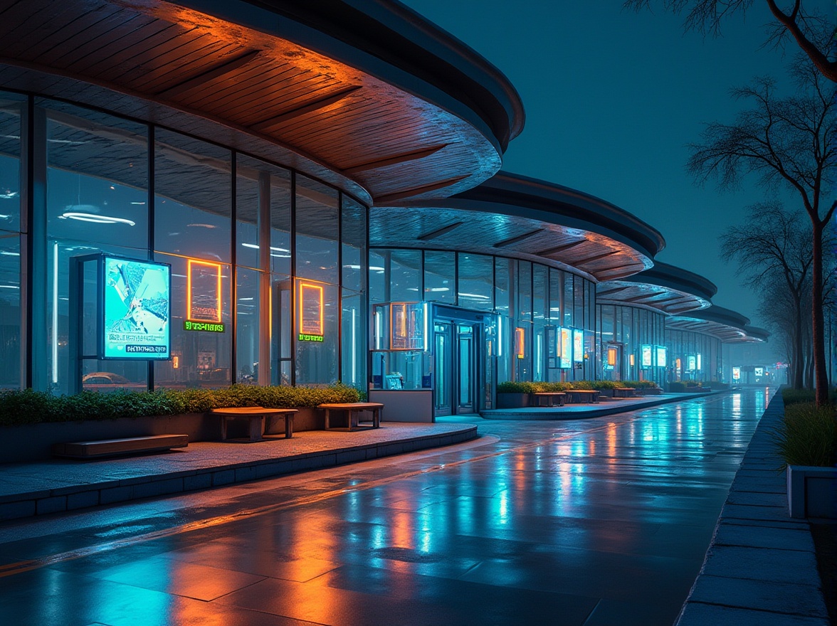 Prompt: Futuristic bus station, modern architecture, sleek lines, glass façade, steel framework, neon lights, vibrant colors, circular roof, greenery walls, wooden benches, digital signage, interactive kiosks, automatic doors, LED lighting, night scene, cityscape background, urban jungle, blurred motion effect, shallow depth of field, cinematic composition, low-angle shot.