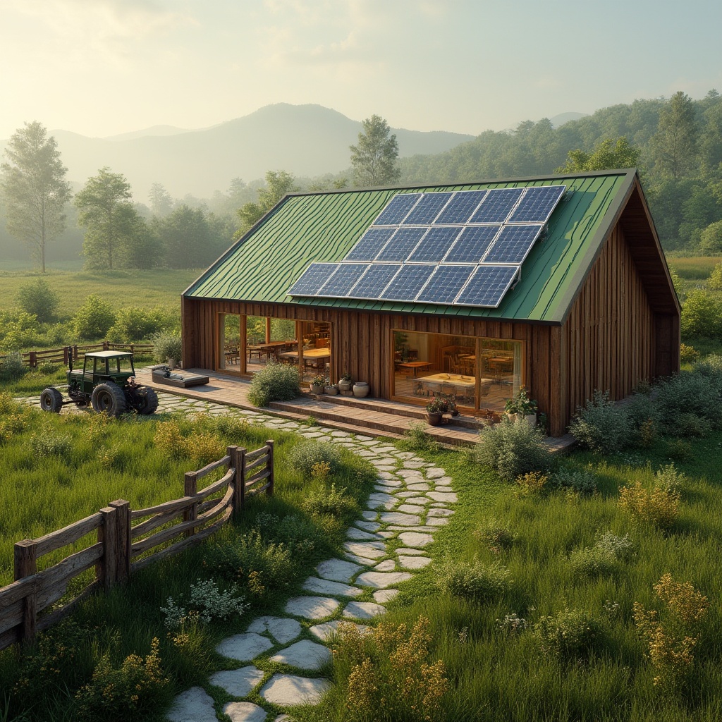 Prompt: Rural landscape, innovative design, modern farmhouse, wooden accents, solar panels, green roof, large windows, sliding glass doors, outdoor patio, garden, wildflowers, winding stone path, rustic metal fence, vintage tractor, morning dew, soft warm lighting, aerial view, 3/4 composition, cinematic atmosphere.