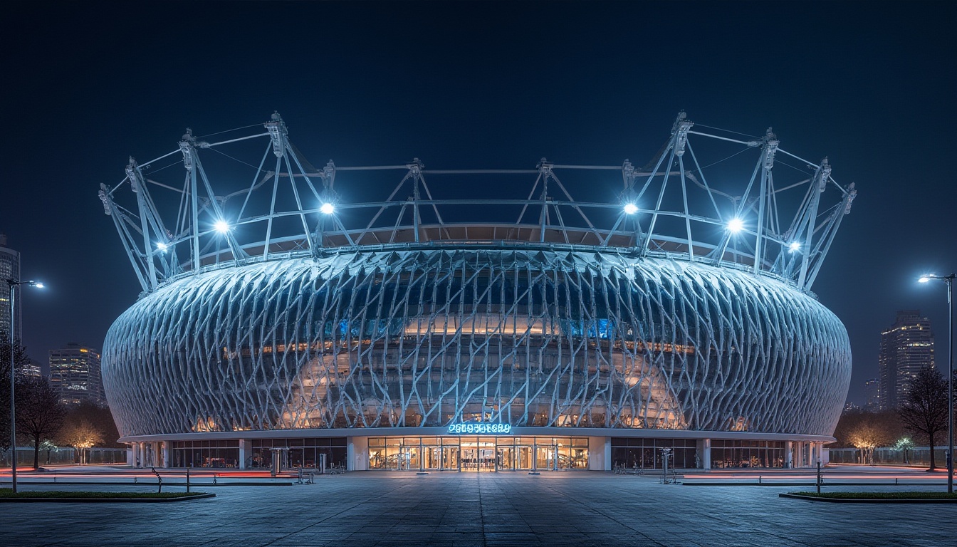 Prompt: Stadium architecture, steel structure, modern design, sleek lines, silver metal beams, curved roof, grand entrance, floodlights, night scene, urban background, cityscape, skyscrapers nearby, detailed textures, reflective surfaces, angular composition, low-angle shot, dramatic lighting, high-contrast tone.