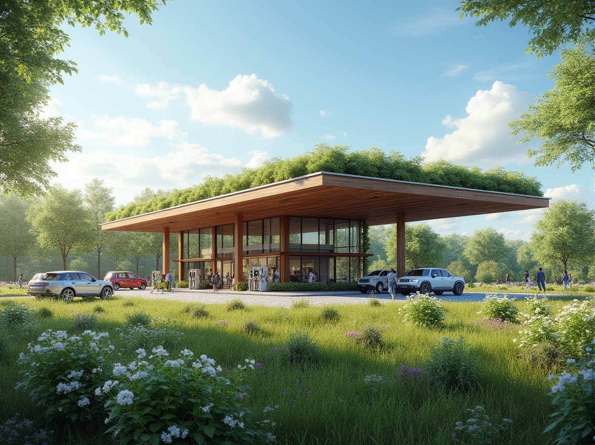 Prompt: Gas station, modern architecture, green roof, lush grassland, wildflowers blooming, natural integration, blending with surroundings, wooden accents, steel beams, large windows, transparent walls, indoor plants, natural lighting, airy atmosphere, cars parked, people walking, sunny day, blue sky, few white clouds, warm ambient light, 3/4 composition, slight angle shot.