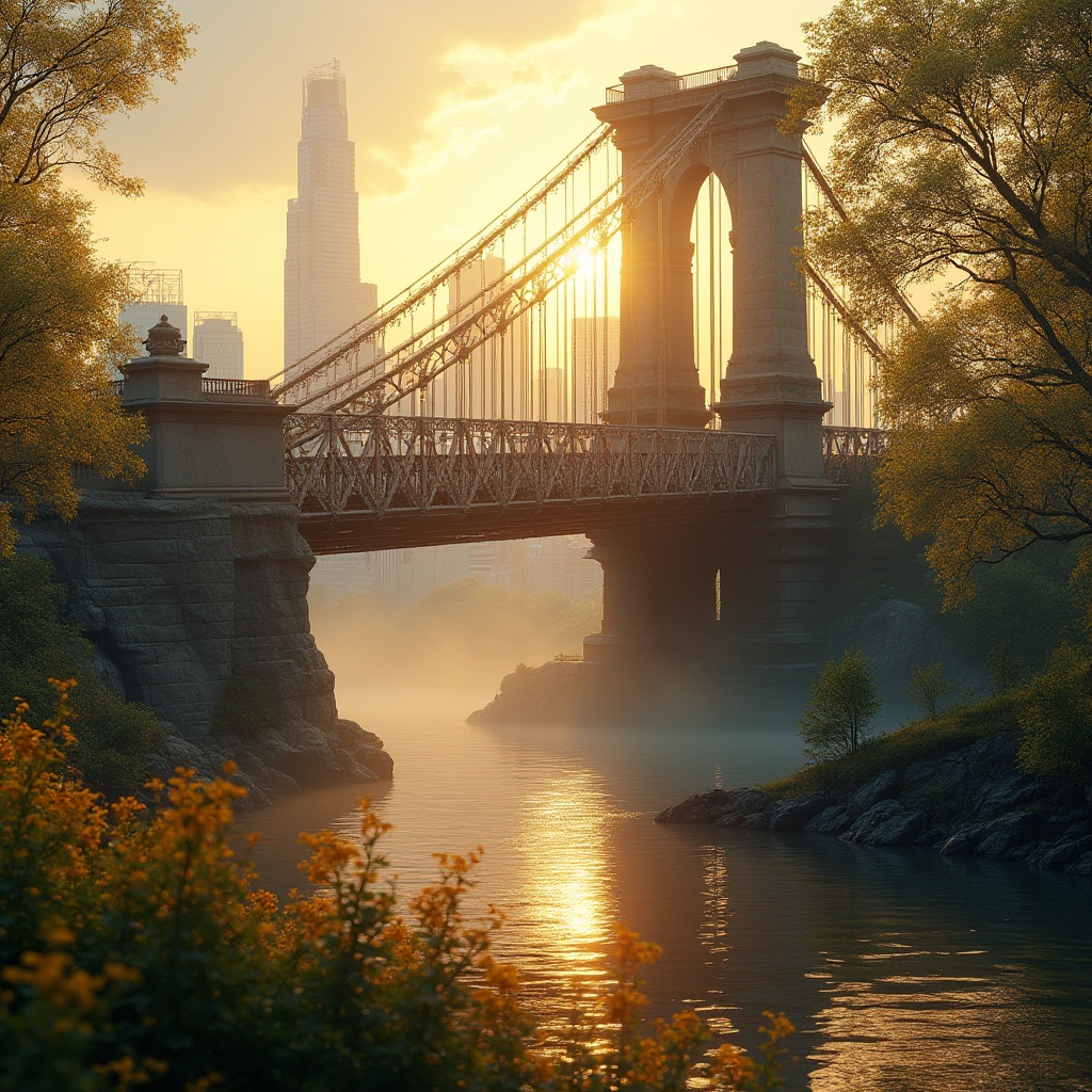 Prompt: Golden bridge, evening time, warm golden light illuminating the structure, ornate iron railings, subtle curved lines, majestic stone pillars, gentle river flowing beneath, lush green trees lining the banks, vibrant blooming flowers in shades of yellow and orange, soft mist rising from the water surface, distant cityscape with skyscrapers, 3/4 composition, cinematic lighting, warm and inviting atmosphere, detailed textures on bridge's metal and stone.