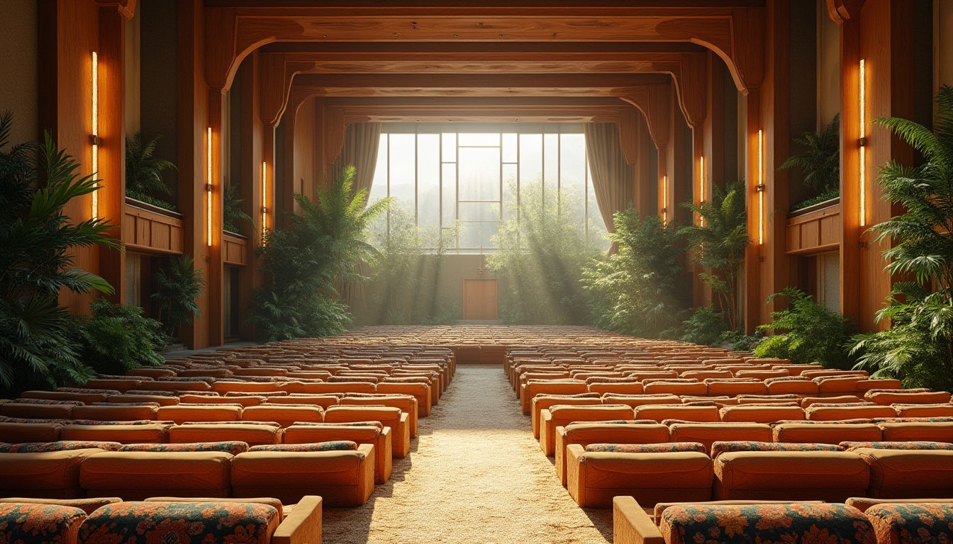 Prompt: Savanna-inspired auditorium design, grand interior space, high ceilings, wooden beams, natural light pouring in through floor-to-ceiling windows, earthy tones, greenery walls, tropical plants, African-inspired patterns on seats and carpets, warm wood accents, curved lines, organic shapes, golden lighting fixtures, soft cushions, comfortable seating, amphitheater-style arrangement, speaker system, minimal decorations, functional simplicity, natural materials, earthy atmosphere, sunny day, afternoon light, dramatic shadows.