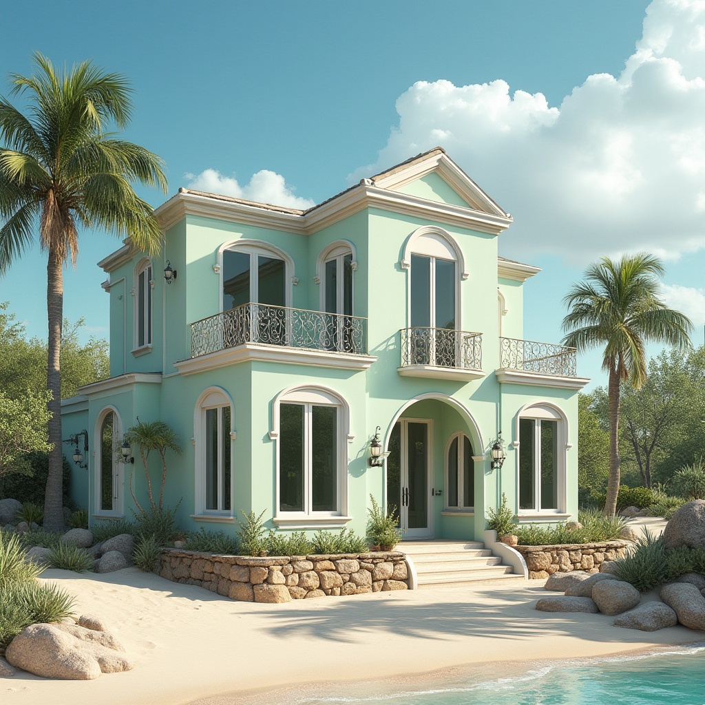 Prompt: Coastal villa, pale green exterior walls, Mediterranean style, white windows, arched doorways, curved balcony, ornate iron railings, beachside location, tropical plants, palm trees swaying gently, sandy dunes, clear blue sky, few puffy clouds, warm sunlight reflecting off the calm sea, gentle ocean breeze, serene atmosphere, shallow focus on the building's facade, natural texture, rustic stone foundation, pale green shutters, wooden accents, seashell decorations.