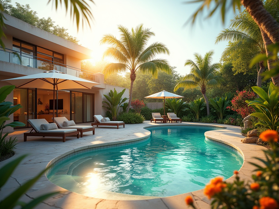 Prompt: Luxurious backyard, modern villa, sunny day, warm light, tranquil atmosphere, infinity pool, curvaceous shape, sparkling blue water, surrounding tropical plants, palm trees, colorful flowers, stone pavement, outdoor furniture, loungers, umbrellas, refreshing cocktails, summer vibe, 3/4 composition, soft focus, warm lighting, depth of field, cinematic ambiance.