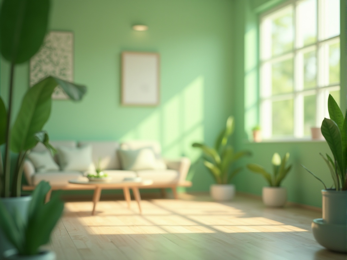 Prompt: calm atmosphere, green dominant color scheme, modern interior design, minimalist decor, plants scattered around, natural light pouring through large windows, wooden floor, sleek lines, low-poly furniture, blurred background, shallow depth of field, pastel tones, warm ambient lighting, 3/4 composition, gentle bokeh, soft focus.