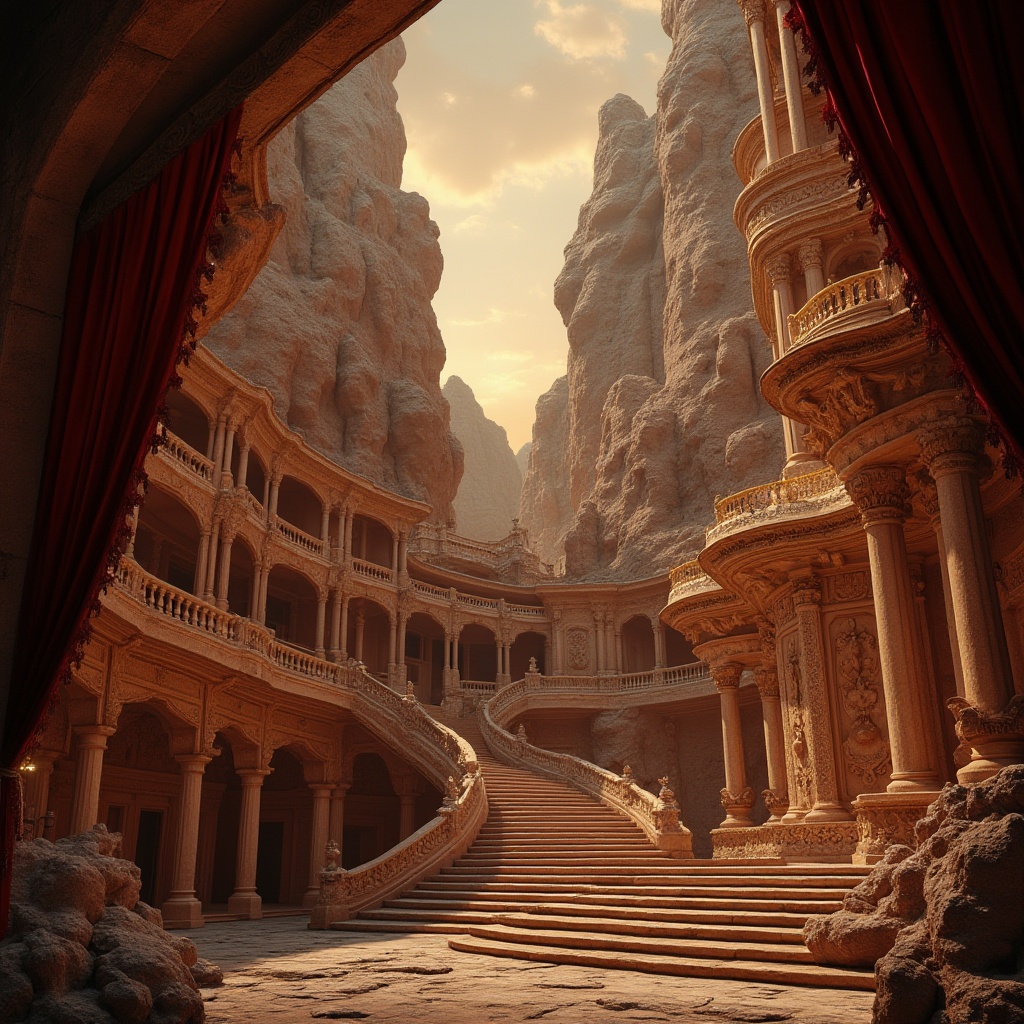 Prompt: Grand opera house, canyon-inspired architecture, intricate stone carvings, majestic columns, sweeping arches, ornate balconies, red velvet curtains, golden chandeliers, grand staircase, luxurious interior design, warm ambient lighting, dramatic shadows, 3/4 composition, low-angle shot, cinematic atmosphere, ancient ruins, rocky cliffs, sunset backdrop, warm color palette, detailed textures, realistic rendering.