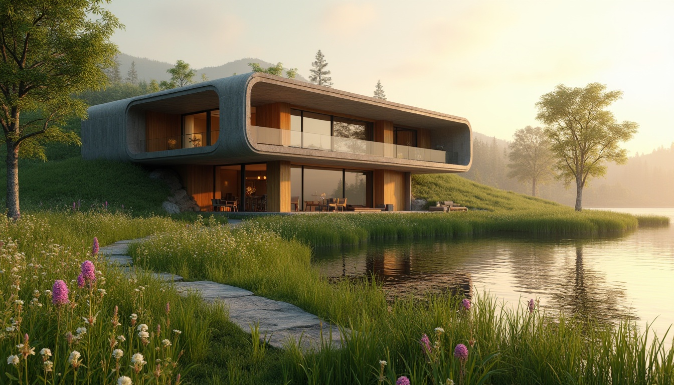 Prompt: Modern villa, blending into natural meadows, large windows, minimalist design, green roof, wooden accents, curved lines, seamless integration, surrounded by lush wildflowers, tall grasses swaying gently, a winding stone path, leading to a serene lake, reflections of the building on calm water, warm sunset light, soft shadows, 3/4 composition, cinematic atmosphere, depth of field, realistic rendering.