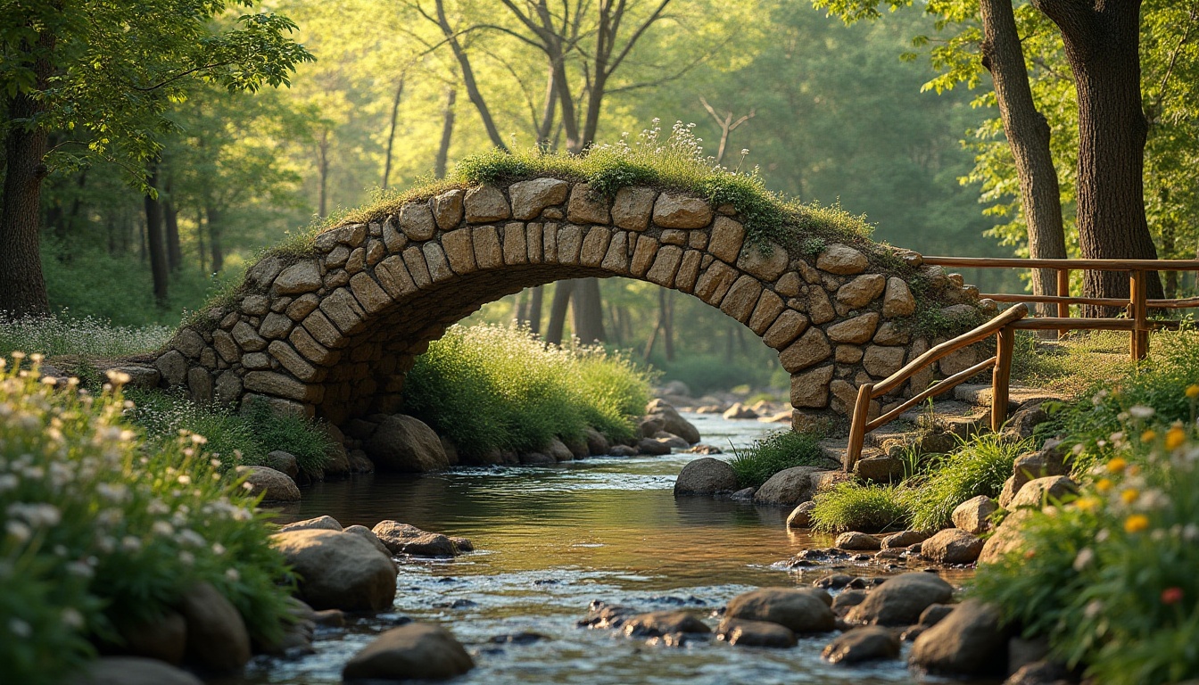 Prompt: Rustic pedestrian bridge, rammed earth material, natural texture, earthy color, curved arch shape, wooden handrail, wildflowers blooming around, gentle stream running beneath, serene forest surroundings, dappled sunlight filtering through trees, warm afternoon atmosphere, 3/4 composition, shallow depth of field, vibrant greenery, tranquil ambiance.