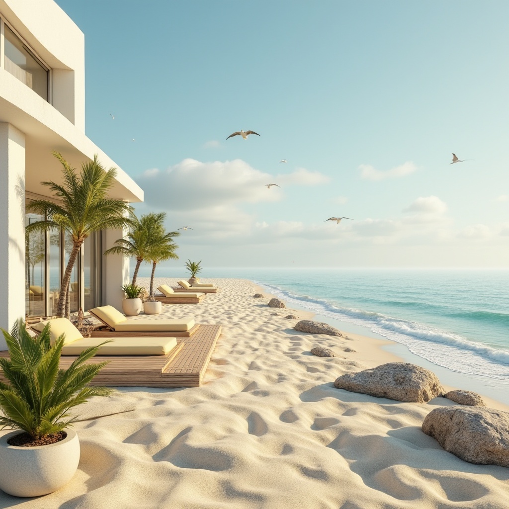 Prompt: Coastal scenery, warm light yellow color scheme, soft sandy beach, gentle waves, clear blue sky, few seagulls flying overhead, a minimalist modern coastal villa, large windows, sliding glass doors, wooden deck, outdoor furniture with light yellow cushions, nautical ropes and anchors as decorations, potted palm trees, driftwood, seaside rocks, warm sunny day, low-angle shot, 3/4 composition, soft natural lighting, slight haze effect.